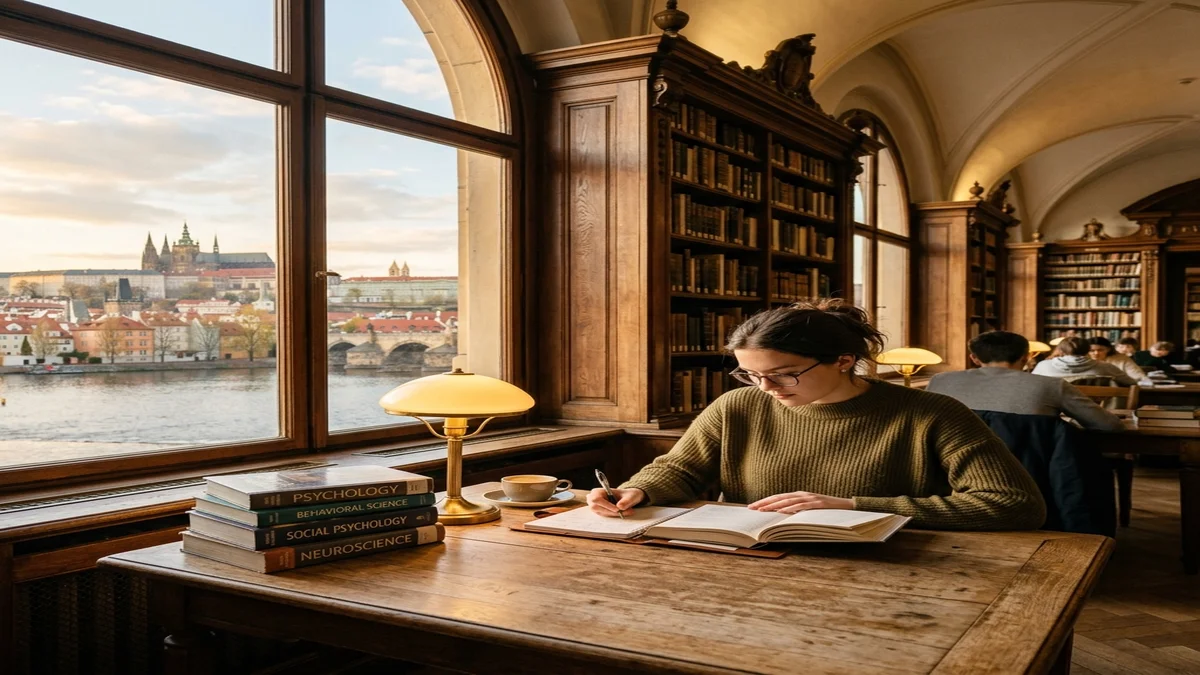 Psychologie Praha: Nejlepší Programy ve Vašem Městě 1 Studentka studuje psychologické knihy v historické a krásně prosvětlené pražské knihovně