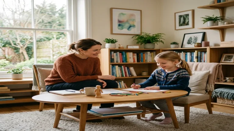 Soukromá Pedagogicko Psychologická Poradna: Individuální Přístup k Vzdělávání (2026) 9 Odborný poradce pracující s malým žákem u nízkého stolu v moderní soukromé poradně