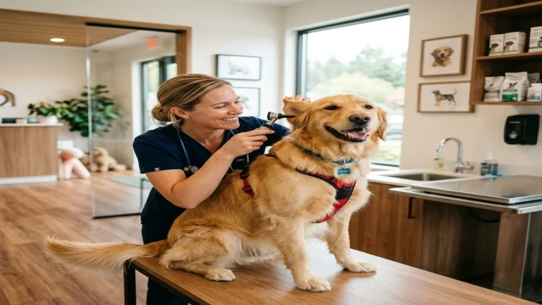 Poradny kalby: Kde najít ty nejlepší veterinární služby (2026) 10 Usměvavý veterinář jemně vyšetřuje zdravého a klidného psa v moderní veterinární ordinaci