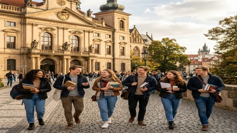 Skupina studentů kráčející před historickou budovou Univerzity Karlovy v Praze s knihami a úsměvem