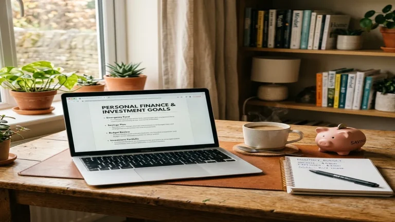Útulný pracovní stůl s notebookem, zápisníkem, pokladničkou a šálkem teplé kávy