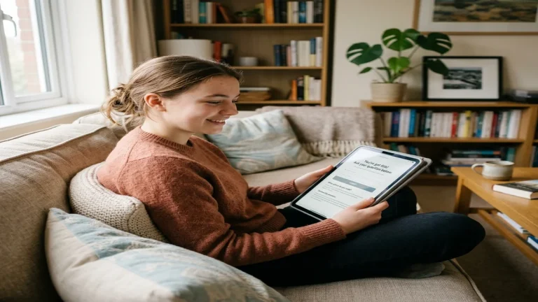 Mladý člověk sedící na pohovce a v klidu vyplňující diagnostický test na digitálním tabletu