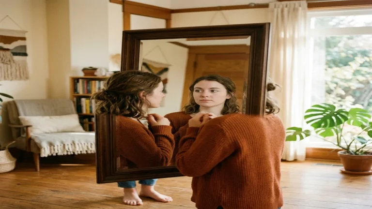 Projekce Psychologie: Jak Se Obracíme Ven 9 Člověk se zamyšleným výrazem hledící na svůj odraz v zrcadle v prosvětleném pokoji