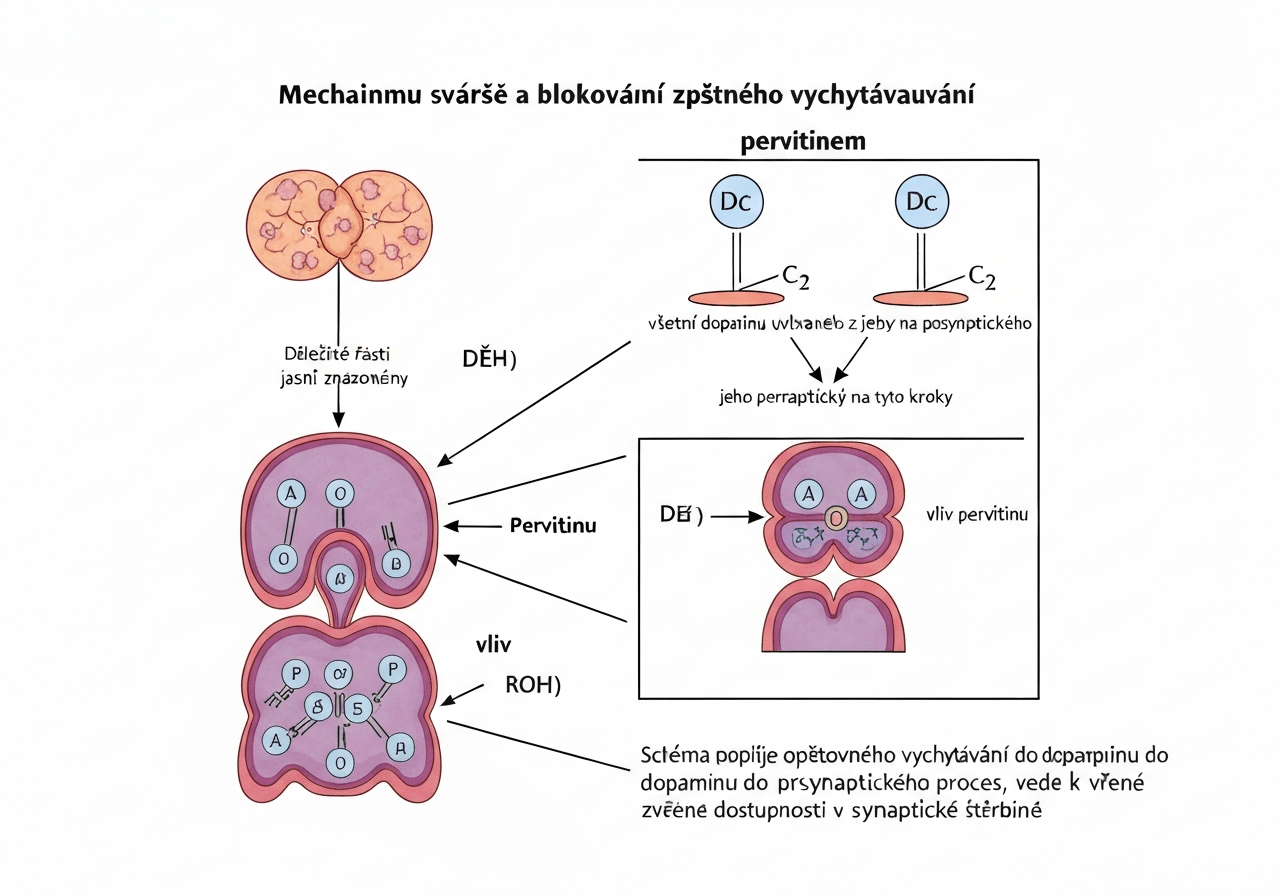 Pervitin: Jak rozpoznat příznaky závislosti (2026) 2 Schéma úÄinku pervitinu na dopaminergnà synapsi