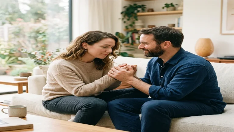 Partner utěšuje a jemně drží za ruce svou partnerku v prosvětleném obývacím pokoji pro pocit bezpečí